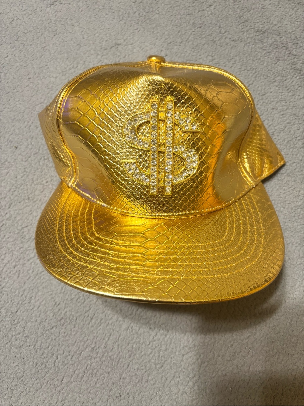 Amazon Gold Faux-Snake Snapback Hat with Rhinestone Dollar Sign